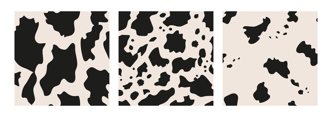 Fototapeta na wymiar Set of cow seamless patterns. Animal skin vector background. Abstract spotted texture