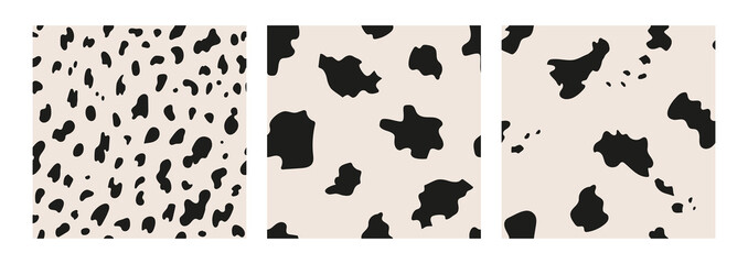 Fototapeta na wymiar Set of cow seamless patterns. Animal skin vector background. Abstract spotted texture