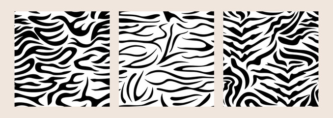 Set of zebra abstract seamless patterns. Animal skin vector backgrounds. Black and white texture