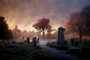 Fototapeta na wymiar Old abandoned cemetery on a sunny autumn morning.Digtal art