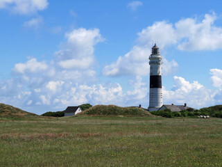 White lighthouse with a black stripe behind a meadow and houses in front of a cloudy sky on Sylt, Germany