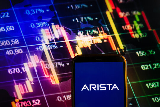 KONSKIE, POLAND - September 10, 2022: Smartphone displaying logo of Arista Networks company on stock exchange chart background