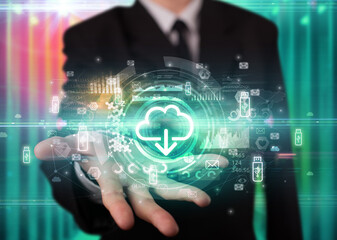 Businessman holding technology icon concept