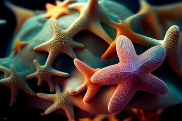 Beautiful Starfish on sand background. Macro. Marin biology Background, ocean life. 3d rendering
