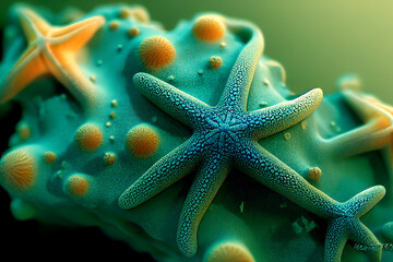Beautiful Starfish on sand background. Macro. Marin biology Background, ocean life. 3d rendering
