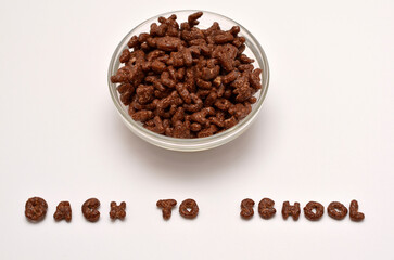 chocolate flakes in a bowl and the text back to school from the letters of the alphabet on a white background