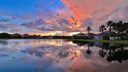 beautiful sunset sky reflection over the lake