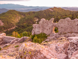 Ustra fortress in Rhodopes mountain at sunset