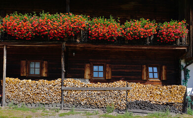 Brennholzstapel vor Bauernhaus in Tirol, Österreich