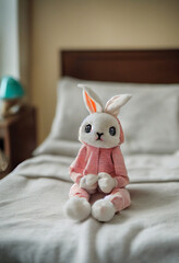 cute plush fluffy bunny in pajamas sits on the bed in the bedroom