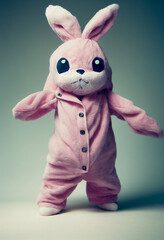 Fototapeta na wymiar cute plush fluffy bunny in pajamas sits on the bed in the bedroom