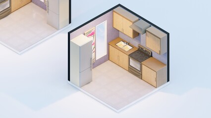 Orthographic view of kitchen with cabinets 3d rendering