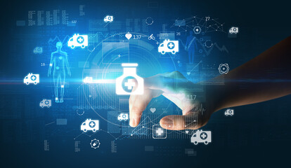 Doctor hand pressing futuristic health device with medical symbol on screen