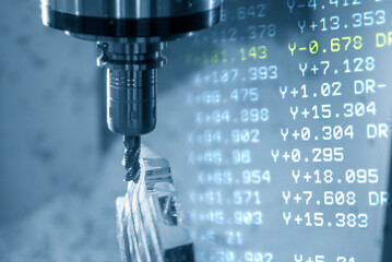 Abstract scene of the  5-axis machining center table-tilt type and G-code data background.