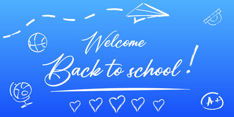 Back to school. Holiday for students. Banner concept on blue background. Small handwritten text back to school. Place for text. Education poster.