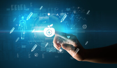 Doctor hand pressing futuristic health device with medical symbol on screen