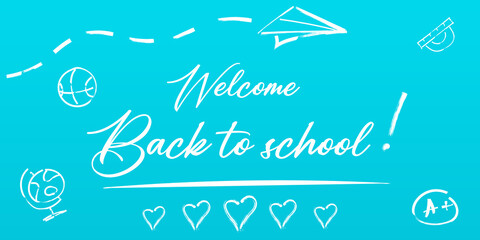 Welcome back to school. Holiday for students. Small handwritten text back to school. Place for text.  banner concept with notebook or note pad and pen. Turquoise or light blue background.