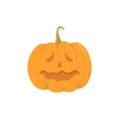 Illustration of a Halloween pumpkin with a carved happy and cheerful face. Behind the back of the pumpkin are the wings of the devil, and on the head are horns. Vector isolated on white background
