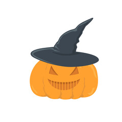 Illustration of a halloween pumpkin with a cheerful face and one-piece teeth and a displeased face. On the head is a witch's hat. Vector isolated on white background