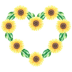 Sunflowers heart wreath. Watercolor illustration. Isolated on a white background. For design.
