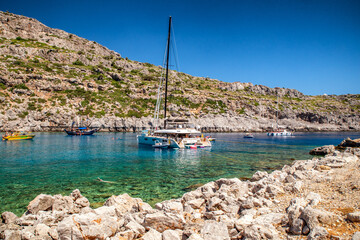 Luxurios yachts in Anthony Quinn bay in Rhodes island, Greece