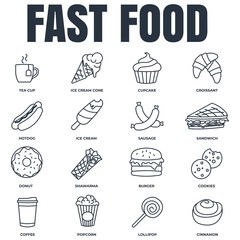 Set of fast food icon logo vector illustration. ice cream, popcorn, donut, cookies, cinnamon, hotdog, tea cup and more pack symbol template for graphic and web design collection