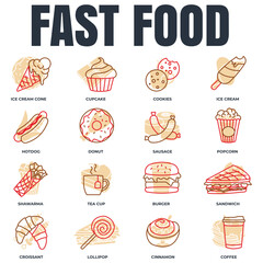 Set of fast food icon logo vector illustration. ice cream, popcorn, donut, cookies, cinnamon, hotdog, tea cup and more pack symbol template for graphic and web design collection