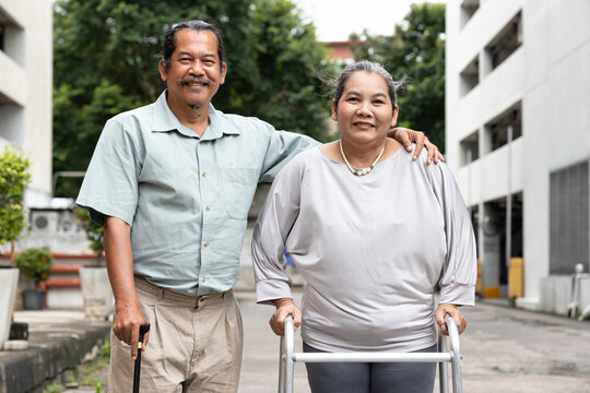 Happy Smiling Senior Husband And Wife, Family Life Of Aging Couple With Supporting Couple, Good Aging Society Concept