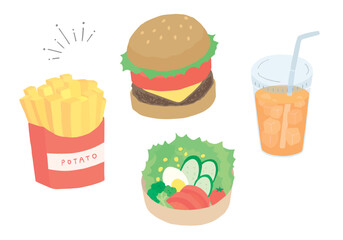 ハンバーガーやポテトの手描きイラストセット