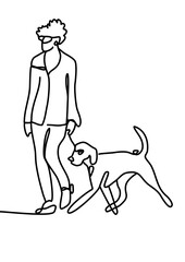 One continuous line drawing, people walking with dog