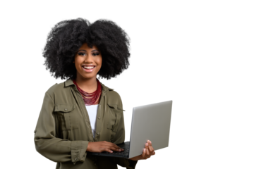 woman holding laptop computer while typing on keyboard, young afro 