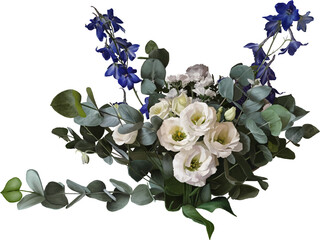 Bouquet of flowers hand drawn from life. Eucalyptus leaves and green foliage, Purple, yellow, white. Isolated background png.