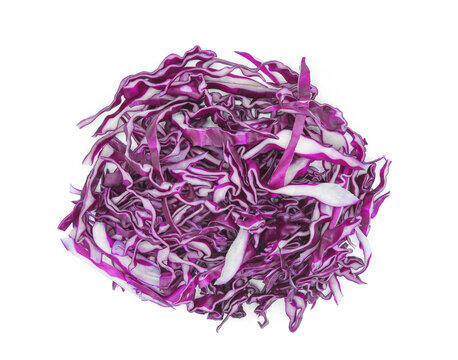 Chopped red cabbage isolated on white background. Top view