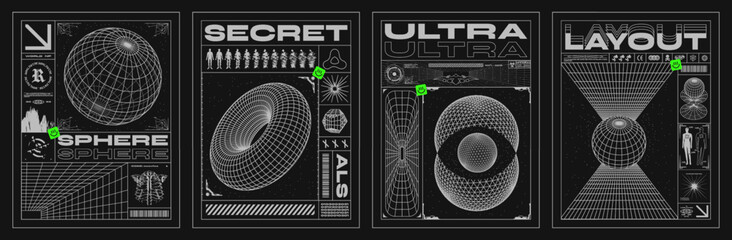 Retro futuristic posters with 3D wireframes of spheres and torus. With perspective grid, space, and spaceship. Isolated on black background - obrazy, fototapety, plakaty