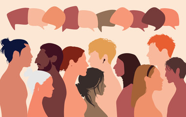 People talking in a crowd. Vector cartoon character profiles. Speech bubbles and communication between people. A diverse group of people in dialogue.
