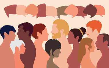 People talking in a crowd. Vector cartoon character profiles. Speech bubbles and communication between people. A diverse group of people in dialogue.