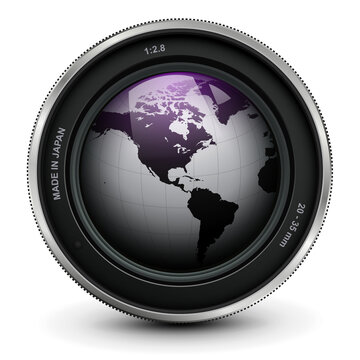 Camera photo lens with earth globe inside, 3D icon isolated.