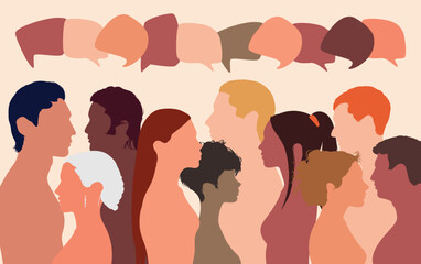 People talking in a crowd. Vector cartoon character profiles. Speech bubbles and communication between people. A diverse group of people in dialogue.