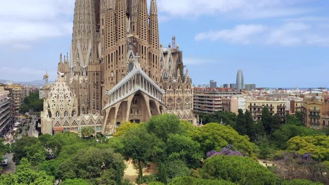 Aerial View of La Sagrada Familia Cathedral in Eixample district of Barcelona Spain