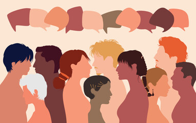 People talking in a crowd. Vector cartoon character profiles. Speech bubbles and communication between people. A diverse group of people in dialogue.