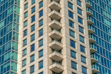 Exterior of apartment building in Austin Texas with balconies at the corner