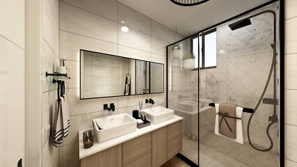 baño pequeño con ducha y diseño moderno con led  - obrazy, fototapety, plakaty