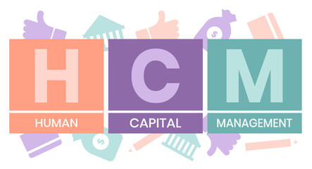 HCM - Human Capital Management acronym. business concept background. Vector illustration for website banner, marketing materials, business presentation, online advertising