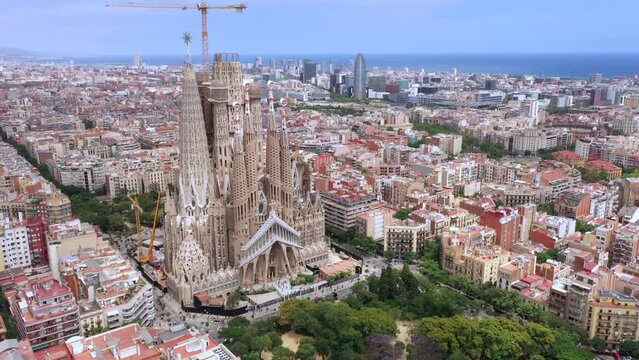 Aerial View of La Sagrada Familia Cathedral in Barcelona Spain