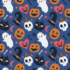 Obraz premium Seamless pattern with pumpkins, cats, ghosts, skulls, witch hats, moon on blue background. Vector Halloween background in flat style. Doodle style. For textiles, clothing, bed linen, office supplies