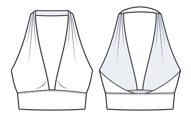 Women's Top fashion flat  sketch template. Cropped Top technical fashion illustration, front and back view, white, drapery, straps, cad mockup.