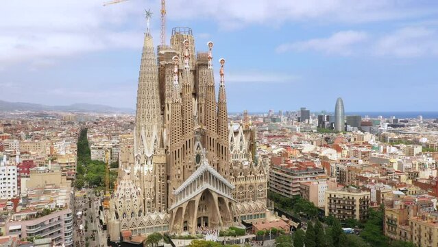 Aerial of La Sagrada Familia Cathedral in Eixample district of Barcelona Spain