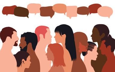 People talking in a crowd. Vector cartoon character profiles. Speech bubbles and communication between people. A diverse group of people in dialogue.