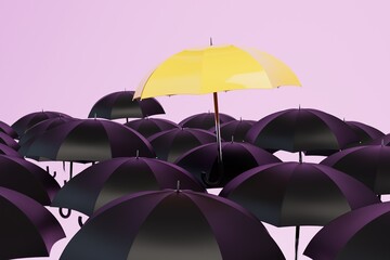 a bright thought among all the gloomy ones. one yellow umbrella among a large number of black ones. 3d render