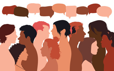 People talking in a crowd. Vector cartoon character profiles. Speech bubbles and communication between people. A diverse group of people in dialogue.